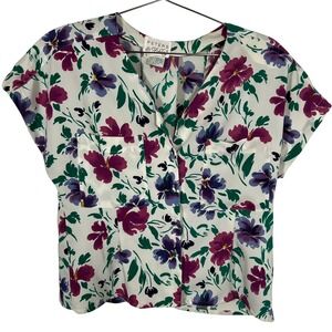 Vintage Floral White Purple Blouse Peters & Ashley Short Sleeve Button Top 14‎